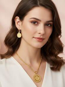 1set Vintage Gold Coin & Turkish Talisman Pendant Necklace With Matching Mini Coin Earrings, Jewelry Set For Women Wedding/Party - Jewelry Sets - View 17