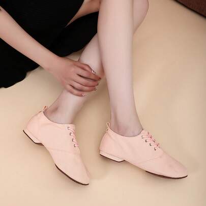 1.5厘米低跟粉色帆布运动鞋，女式系带软底低帮室内舞鞋，适合芭蕾舞、拉丁舞、爵士舞、舞蹈练习和表演，舒适、柔软、轻便
