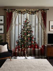 2 piezas Cortinas con estampado de árbol de Navidad - Cortinas de poliéster con estampado digital y ojales, adecuadas para sala de estar, dormitorio, cocina y decoración navideña del hogar, decoraciones navideñas, decoración de habitación - Multicolor - Ver 6
