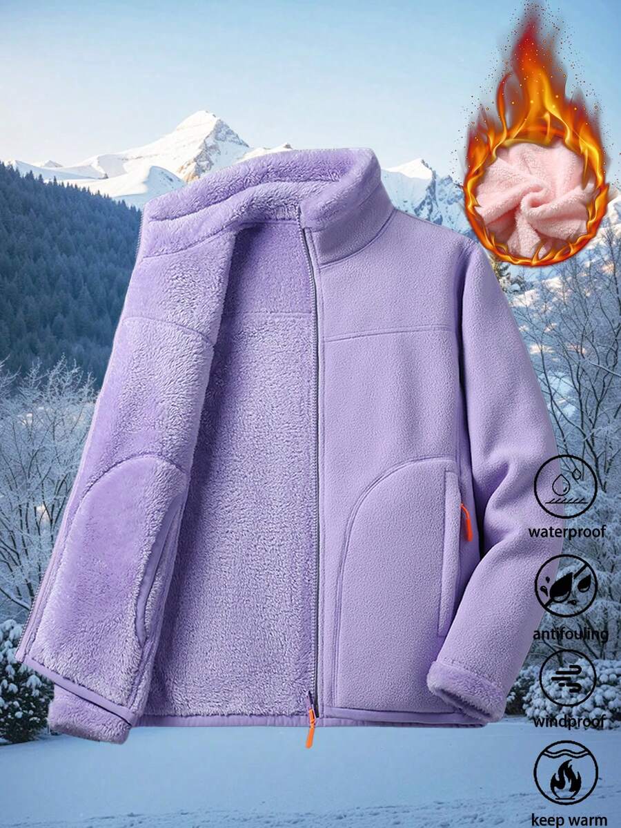 Áo khoác nỉ nữ ngoài trời, áo khoác lông cừu màu trơn cho mùa thu/đông, trượt tuyết. - Màu tím Violet - Xem 1