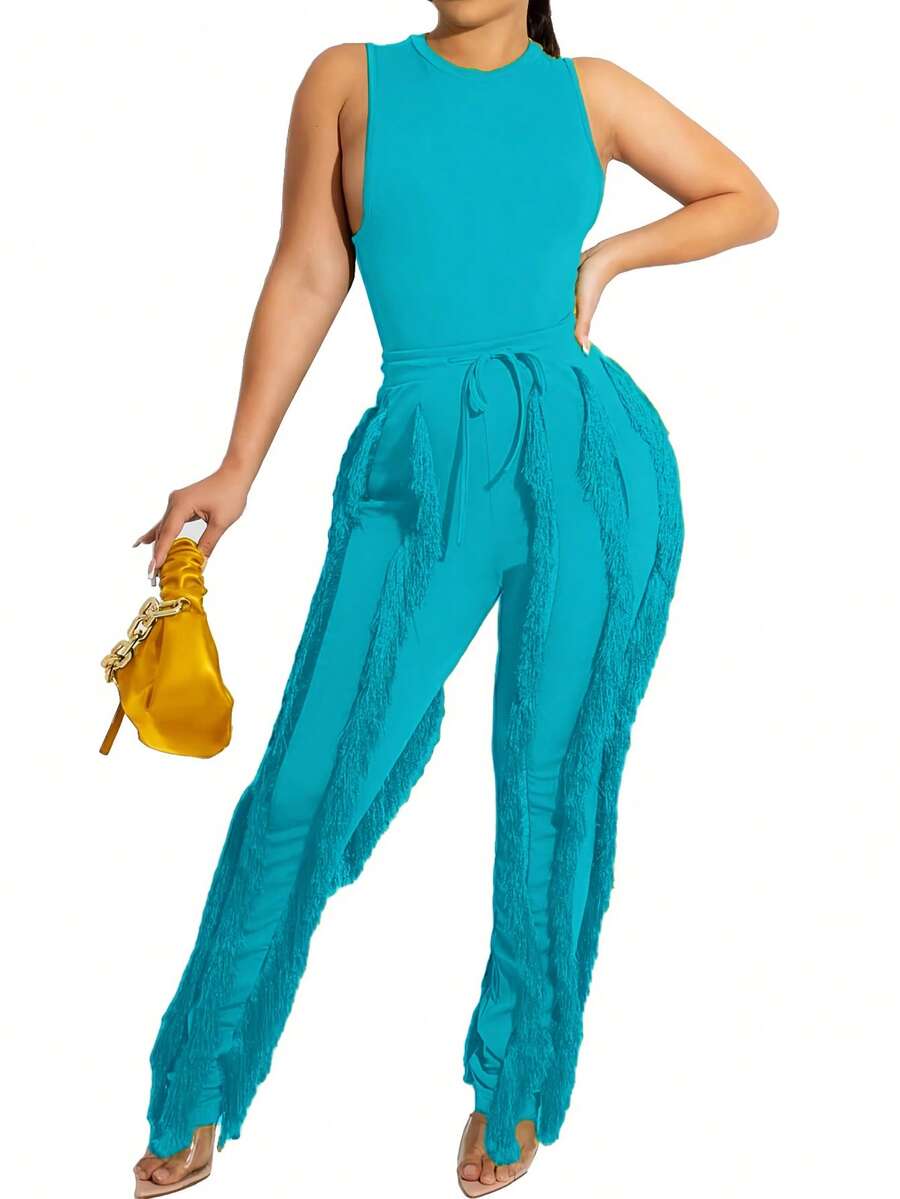 Women 2 Piece Outfits Fringe Tassel Long Pants Set Adjustable Suspenders Bodysuit Strap Clubwear Jumpsuits Solid Color Wave Pattern, V-Neck Suitable For All Seasons, Elegant Backless  Semi Transparent Camisole Straight Leg Pants For Spring And Summer - 淺藍色 - 查看 1
