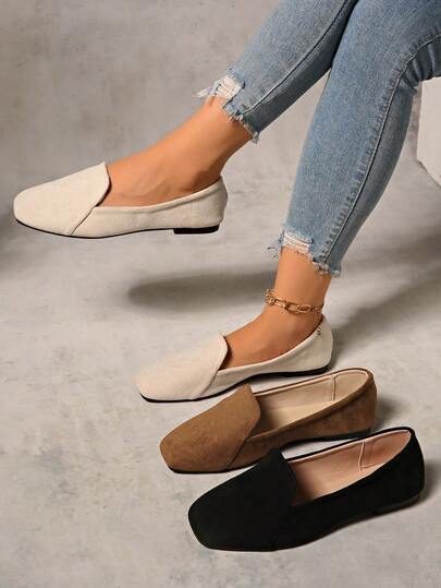 Women's Square Toe Soft Bottom Slip-On Flat Shoes, Suede Patchwork Loafers, Mary Jane Shoes For Formal Commuting, Black Brown Casual Dress Shoes