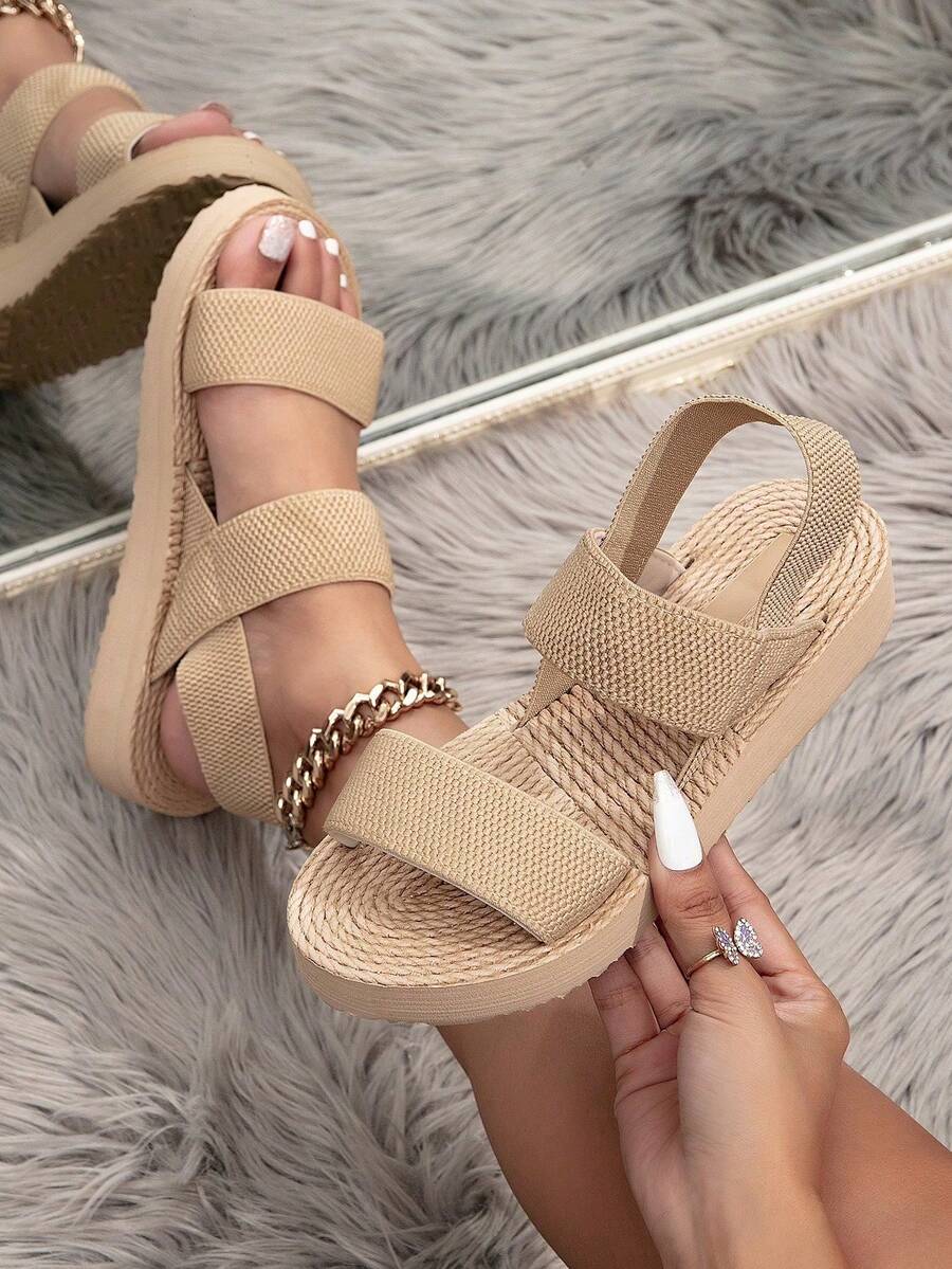 Sandalias minimalistas para mujer, diseño clásico tejido, correa elástica, tacones de cuña y suela de plataforma - Marrón - Ver 1