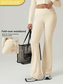 GOSOUER 女士亲肤高弹力翻边腰休闲运动瑜伽紧身喇叭裤