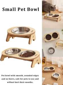 Small Pet Bowl With Stainless Steel Pet Stand, Non-Slip Wooden Frame, Tilted Single/Dual Pet Bowls, Anti-Tipping Anti-Vomiting, Easy Assembly. Cat Supplies, Dog Supplies, Dog Bowls, Cat Bowls, Dog Accessories, Cat Accessories, Suitable For Small And Medium Dogs And Cats.