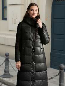 ZIAI Hooded Solid Color Casual Long Padded Padded Coat With Pockets, Winter - Black - View 3