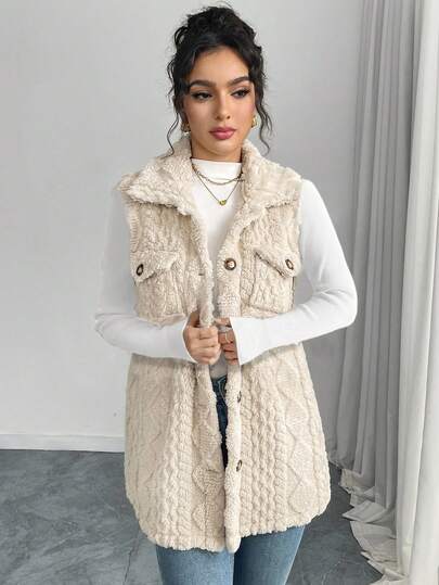 Cardigan longo de lã macia com bolsos e botões frontais, cor sólida, estampa de diamantes, adequado para uso doméstico e diário, outono/inverno