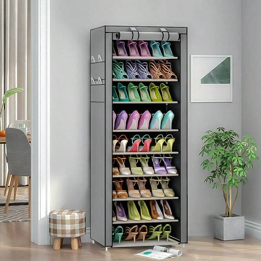 1 قطعة - 4/6/8/10 طبقات خزانة أحذية ذات سعة كبيرة مع أغطية للغبار. رف الأحذية عند المدخل يوفر المساحة ويسهل التجميع. مناسب لمنظمي رف الأحذية العالية الذين يوفرون المساحة في رفوف الأحذية والخزائن المنزلية - تصميم ممر المدخل الضيق، رفوف أحذية مستقلة (لا توجد أدوات تجميع مطلوبة) - لاستيعاب العديد من رفوف الأحذية المزدوجة وديكور المنزل.