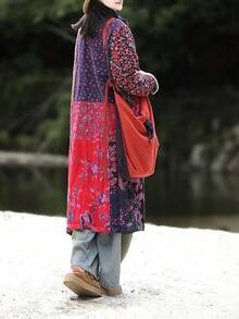 LUZU JUNU Women's Trench Coat Floral Print Long Cotton Linen Jacke Cottagecore Clothing Patchwork Outwear Bohemian Unique - 玫瑰毛絨襯裡 - 查看 7