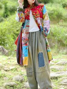 LUZU JUNU Women's Trench Coat Floral Print Long Cotton Linen Jacke Cottagecore Clothing Patchwork Outwear Bohemian Unique - 復古灰色夾克 - 查看 5