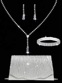 Rhinestone Jewelry Bling Necklace Earrings Bracelets Set For Luxury Envelope Clutch Bag For Party, Romantic Wedding, Spring/Summer Chain Shoulder Bag, Bride Bag, Formal Prom Clutch, Elegant Evening Dress Bag - Silver - View 11