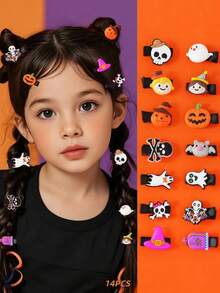 14 件女孩卡通南瓜和骷髅万圣节派对发夹和发带 - 彩色 - 查看 6