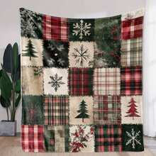 1 pieza Manta de franela navideña, manta suave y acogedora con estampado de parches a cuadros, copos de nieve y bayas de pino, para sofá, cama, coche, oficina, camping, regalo para todas las estaciones, colores mixtos, poliéster tejido, impresión digital, estilo retro