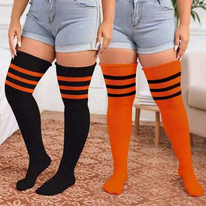 ECIEXI 1 Pair Plus Size Women's Autumn/Winter Thigh High Socks, Halloween Colors, Thick Soft Knit Elastic Socks, Fashionable Striped Style, European And American Women Knee High Socks, Non-Slip Elastic Soft Knee Socks, Suitable As Halloween Gift For Women