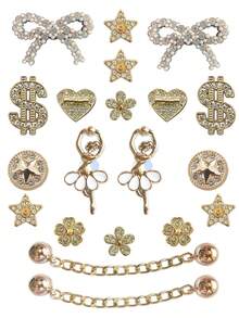 Fashionable Girl Style Clogs Shoes Charms Set - Bow, Dollar Sign, Star & Flower Decor, Shiny Clogs Shoes Accessories - Gold Bow Suit - View 9