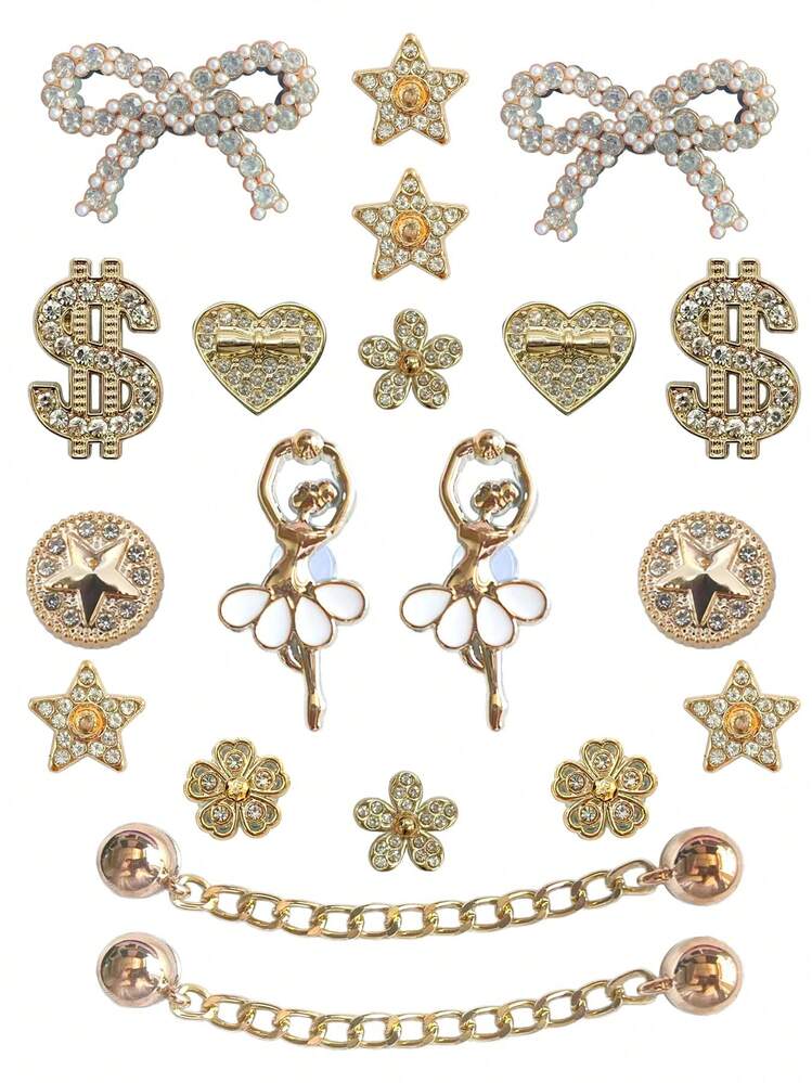 20pcs/Set Fashion Girl Jelly Shoes Charms - Bowknot, Dollar Sign, Star & Flower Decor, Shiny Clogs Accessories - Gold Bow Suit - View 9