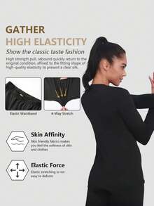 2件女士保暖内衣套装，长款打底衫套装，女士运动内衣套装，上衣和下装，女士柔软睡衣套装，纯黑色，简约设计，弹性面料适合秋冬寒冷天气。 - 黑色 - 查看 3