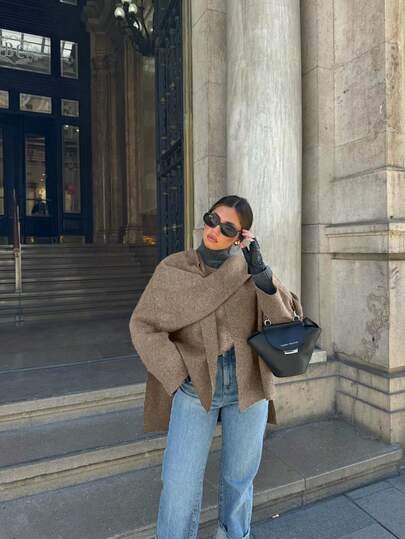 Women's Fashionable Minimalist Solid Color Button Overcoat, Knitted Poncho With Open Front And Button Details, Long Sleeve Regular Fit, Suitable For Everyday Wear In Autumn/Winter