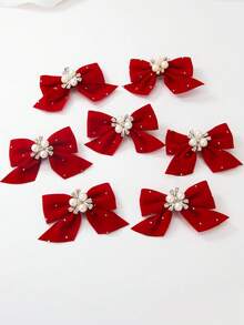 5pcs/Set Girls Velvet Butterfly Clips With Pearl Flower Decor, Red Fabric Hair Clips, Barrettes, Side Clips, Bangs Clips, Rhinestone Hair Accessories, Suitable For Valentine's Day, Christmas, Daily Use - Red - View 8