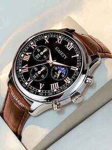 1 件装 男士 PU 皮革表带 复古时尚商务休闲字母刻度圆形表盘石英手表 - 均碼 - 查看 14