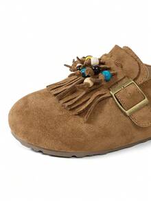 秋冬新款女士厚底鞋，牛津鞋款式，坡跟厚底，休闲套脚鞋，包头设计，流苏串珠装饰，舒适百搭，适合户外旅行、休闲场合及室内穿着，时尚鞋履 - 棕色 - 查看 9