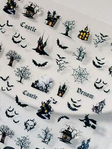 A Halloween Day Of The Dead Nail Sticker With Relief Hand Drawn Design, Dark Gothic Style, Featuring Dark Style Patterns Such As Bats, Spider Webs, Castles, Etc., Suitable For Personal DIY And Nail Salon Use