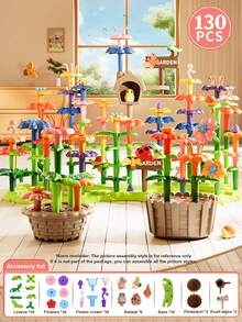 130 piezas Bloques de construcción divertidos y cambiables con diseños de jardín y dibujos animados para niños, regalo de cumpleaños
