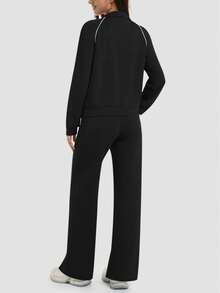 Women's 2 Piece Sweat Outfits Casual Lounge Zip Up Sweatshirt Wide Leg Jogging Pants Striped Track Suit Set - Black - View 7