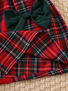 Baby Girls' Christmas Plaid Bowknot Long Sleeve Dress + Headband, Autumn - Red - View 4