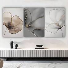 Conjunto de 3 peças de arte de parede elegante com estampa floral abstrata em tela – bege, cinza e dourado – pôsteres minimalistas botânicos modernos, quadros, pintura em tela, presente ideal para decoração de sala de estar, decoração de casa, decoração de banheiro, itens diversos, sem moldura, 50x70cm/19,68x27,55 polegadas