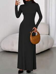 Women's Dress Fall Long-Sleeved Turtleneck Stylish Slim-Fit Knitted Maxi Dress Wedding Guest Party Casual Wear - 黑色 - 查看 3