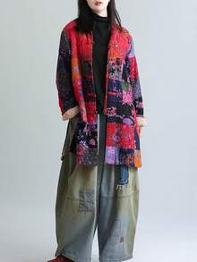 LUZU JUNU Women's Trench Coat Floral Print Long Cotton Linen Jacke Cottagecore Clothing Patchwork Outwear Bohemian Unique - 玫瑰夾克毛絨襯裡 - 查看 8