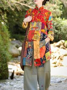 LUZU JUNU Women's Trench Coat Floral Print Long Cotton Linen Jacke Cottagecore Clothing Patchwork Outwear Bohemian Unique - 黃夾克 - 查看 4