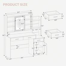 HaluPeit 39.3''  Vanity Desk With HD Mirror And Lights,  Makeup Vanity With Power Strip, 3 Drawers And 9 Storage Shelves, Storage Behind The Mirror, DressingTable With Bedside Table, White - View 9
