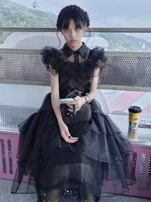 1pc Wednesday Addams Black Dress Cosplay Costume, Halloween Adams Family/ Princess Dress Cos Outfit