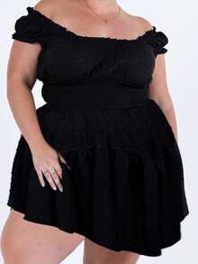Vestido mini de talla grande para mujer, elegante, de color liso, con volantes, mangas de casquillo fruncidas, para primavera y verano - Negro - Ver 5