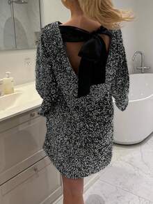 Unadoll Women's Long Sleeved Backless Strapless Sequin Dress, Suitable For Christmas, Back To School Season, Music Festivals, Parties, Cocktails, Guest Mini Skirts