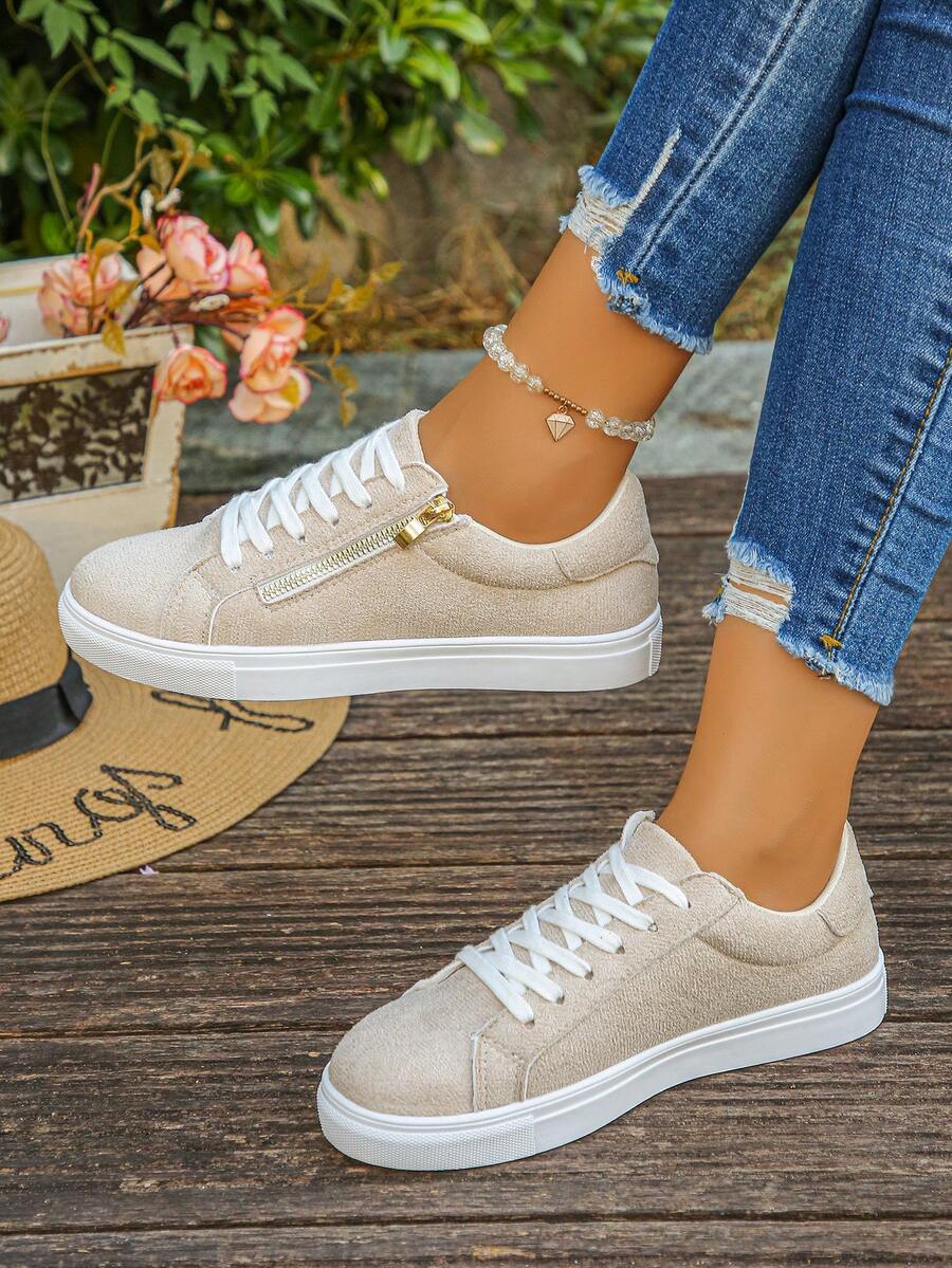 Women's New Blue Snake Skin Pattern Classic Side Zipper Casual Shoes, Fashion Versatile Lace-Up Platform Sneakers, Thick Sole Increase Height, Suitable For Students, Running, Hiking, Skateboarding - Beige - View 1