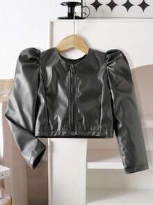 青少年女孩机车皮夹克短外套 - 黑色 - 查看 3