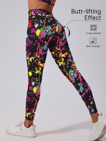 1pc Women's High Waist Lifting Tight Leggings, Sports Pants, Running Pants, Cycling Pants, Fitness Wear, Neon Camouflage, High Elasticity, Soft & Breathable, Moisture-Wicking, Suitable For Gym Workout, Yoga, Pilates, Outdoor, Casual, Sports, Running, Jogging, Exercise, Cycling, Tennis, Badminton, Football, Golf