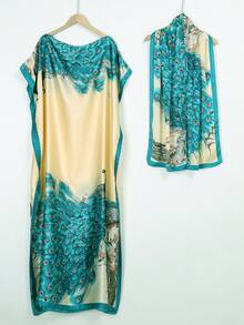 1pc Lightweight Faux Silk Printed Robe With Scarf Set, Women Coverup For Beach, Sun Protection, Daily Wear - Multicolor - View 15