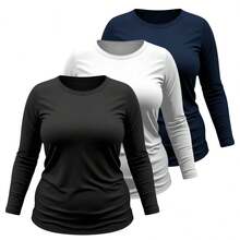 Kit 03 Plus Size T-Shirt Women's Long Sleeve Cotton Round Neck Blouse - 黑色 白色 藍色 - 查看 1