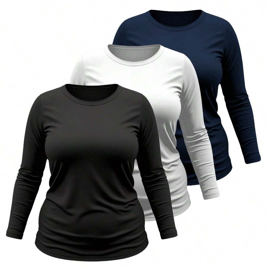 Kit 03 Plus Size T-Shirt Women's Long Sleeve Cotton Round Neck Blouse - 黑色 白色 藍色 - 查看 1
