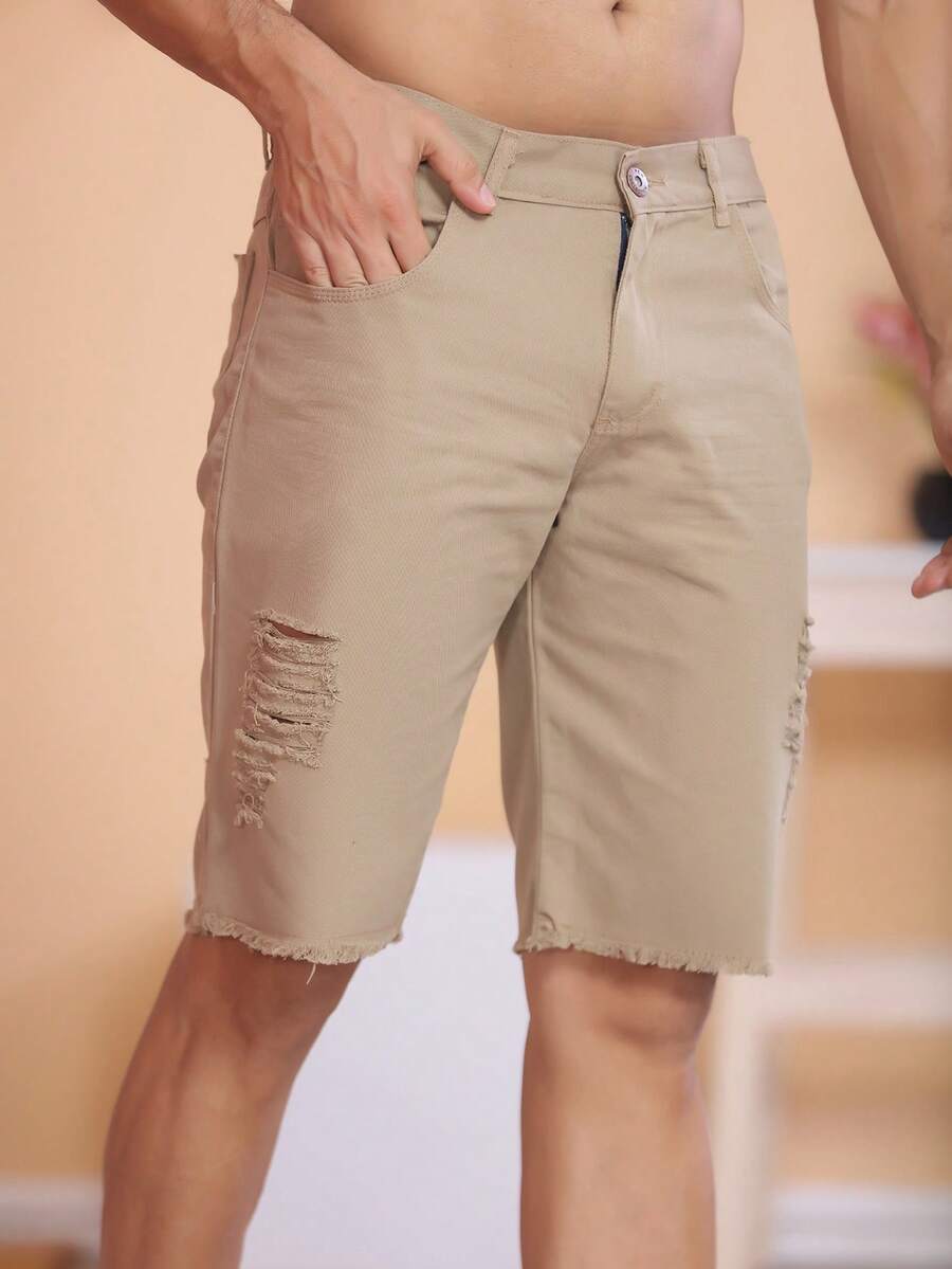 Men's Ripped Colorful Bermuda Jeans - Caqui - Ver 1