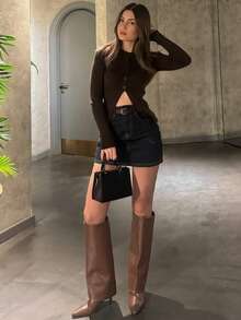 1pc Solid Color Knitted Button Ribbed Long Sleeve Cardigan Top, Suitable For Dates, Holidays, Everyday, Birthday Parties, Singles Parties, Travel, Airport, Early Autumn - Brown - View 4