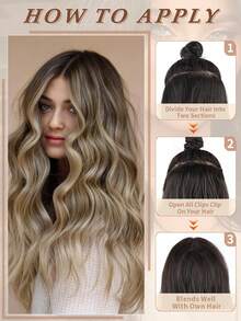 Ekstensi Rambut Jepit Bergelombang Hitam Cokelat Alami 22 Inci (4 pcs), Potongan Rambut Sintetis Cocok untuk Penggunaan Sehari-hari Wanita dan Anak Perempuan - Ombre Coklat - View 7