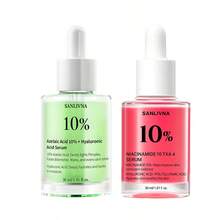 Double-Bottle Double-Effect Essence Set, Niacinamide 10% Serum+Azelaic Acid 10% Hyaluronic Serum,With Vitamin B12, Face Essence For Glass Skin, Dark Spot Correction,Even Toning,Improves Overall Completion, Smooth Skin, Korean Skin Care - Red + Green - View 1