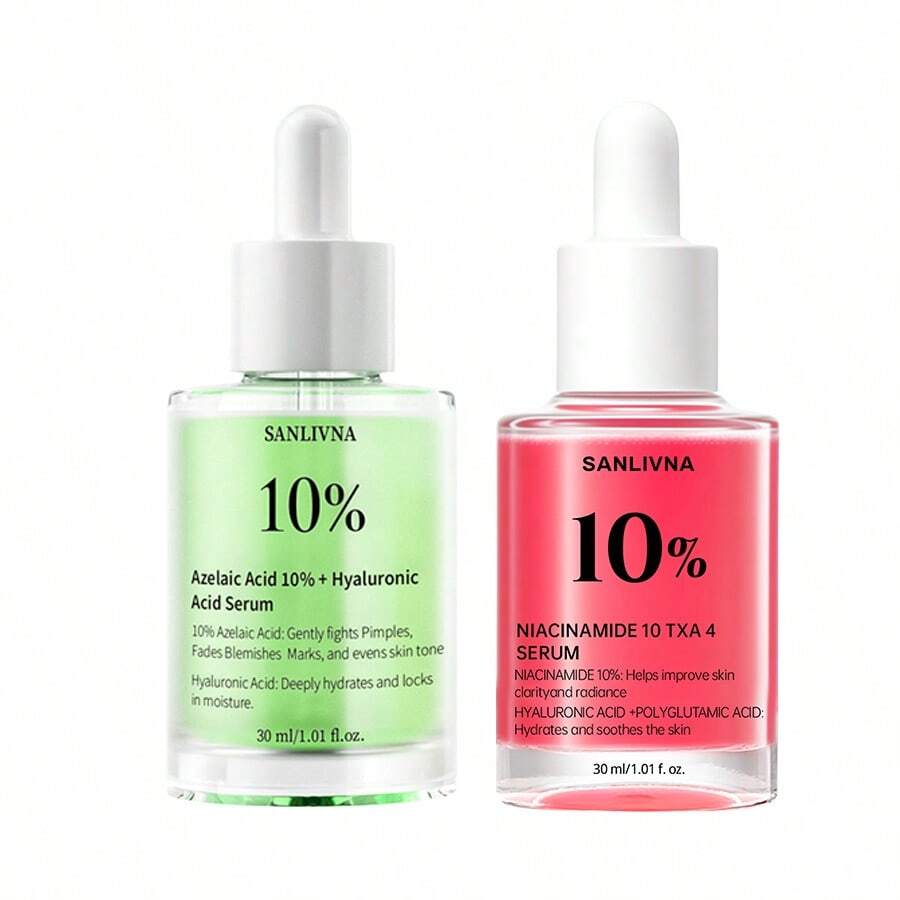 Double-Bottle Double-Effect Essence Set, Niacinamide 10% Serum+Azelaic Acid 10% Hyaluronic Serum,With Vitamin B12, Face Essence For Glass Skin, Dark Spot Correction,Even Toning,Improves Overall Completion, Smooth Skin, Korean Skin Care - Red + Green - View 1