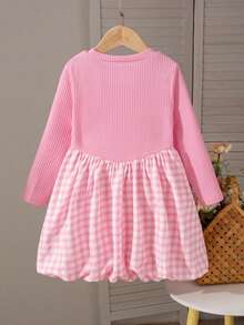 Girls Casual Plaid Pattern Bow Decor Round Neck Long Sleeve Knee-Length Dress, Suitable For Spring And Autumn - Pink - View 2