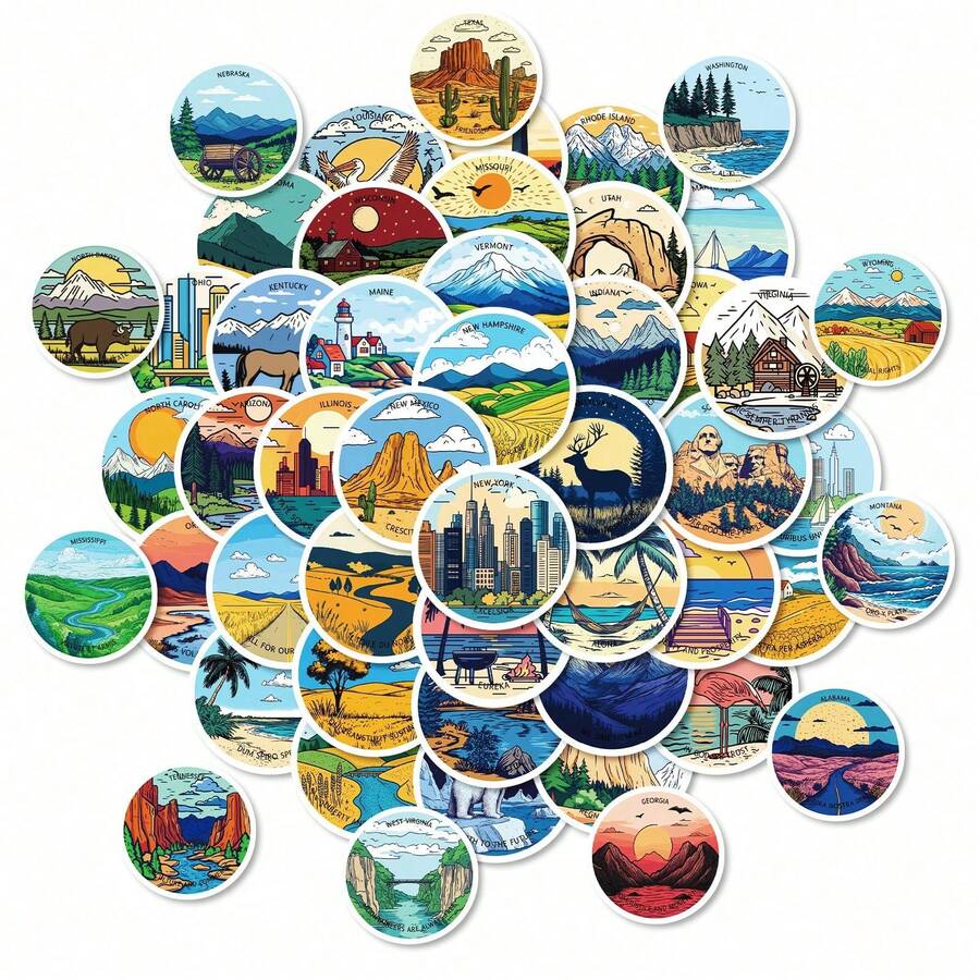 1 Pack Of 50 Mainland Landscape Aesthetics Cartoon Graffiti Round Stickers Creative DIY Suitcase Mobile Phone Stickers Halloween School Season Label Process Stickers